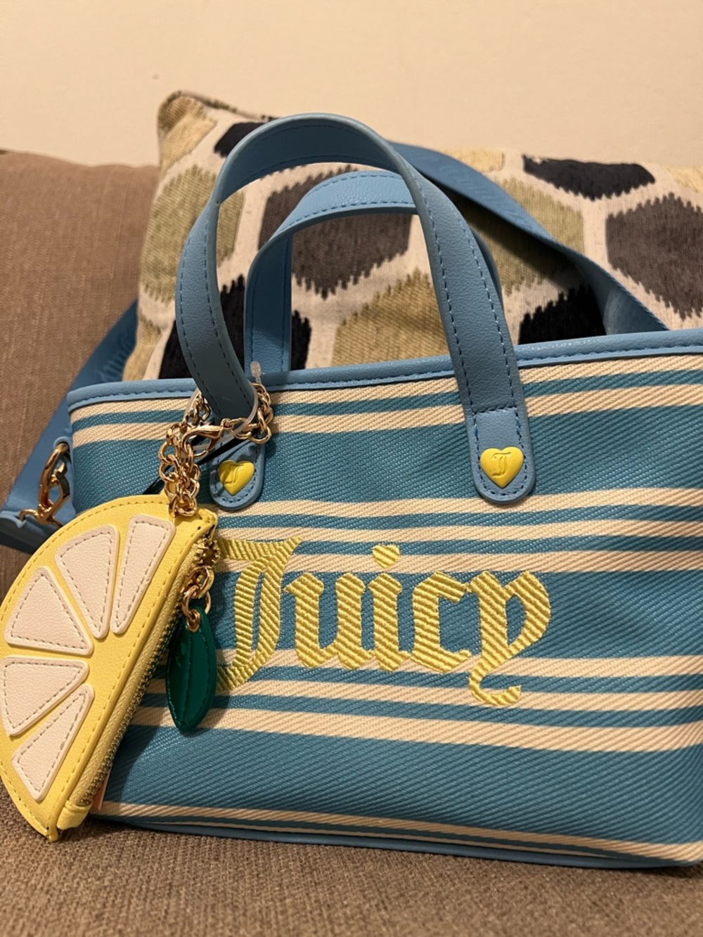NWT Juicy Couture Blue Stripe Lemon Charm Satchel Crossbody Bag